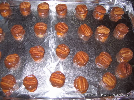 How to make Gluten-Free Rolo Turtles. Just three ingredients create these ooey gooey treats that give you chewiness, chocolate, plus sweet and salty! From Gluten Free Easily. (photo)