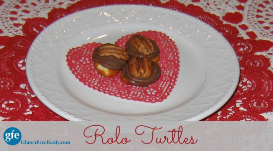 How to make Homemade Gluten-Free Turtles. Rolo Turtles. Just three ingredients create these ooey gooey treats that give you chewiness, chocolate, plus sweet and salty! Make in 2 mins. [From GlutenFreeEasily.com]