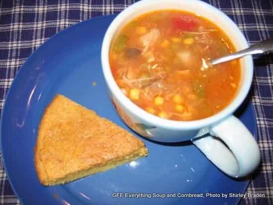 Everything Soup with a slice of gluten-free cornbread from Gluten Free Easily.