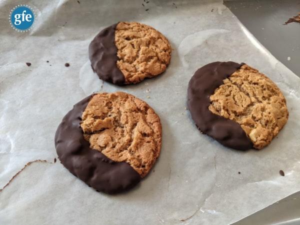 Flourless Peanut Butter Cookies dipped in melted chocolate.. They make a very special gift!