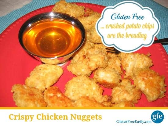 Gluten-Free Crispy Chicken Nuggets breaded in crushed potato chips! One of 17 gluten-free holiday appetizers that will make your New Year celebration! [from GlutenFreeEasily.com]