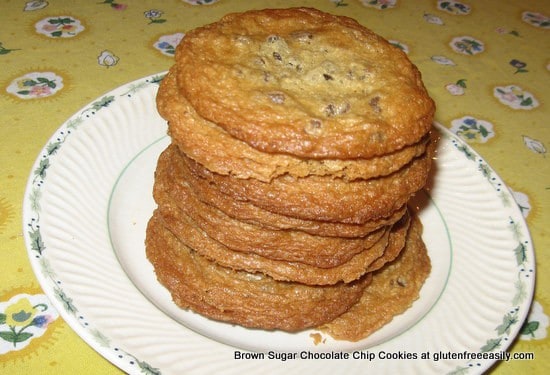 The very best chocolate chip cookies--gluten free or gluten full. They have a somewhat crispy outside and a chewy middle. The buttery brown sugar--think caramelized!--factor takes them over the top! 