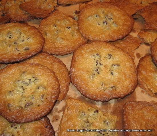 The very best chocolate chip cookies--gluten free or gluten full. They have a somewhat crispy outside and a chewy middle. The buttery brown sugar--think caramelized!--factor takes them over the top! 