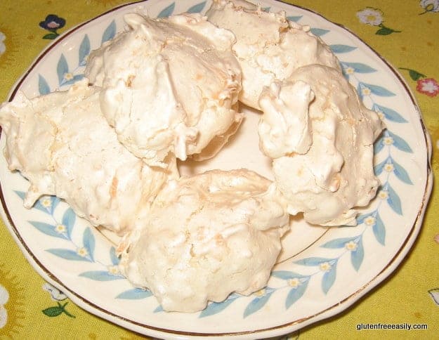 Naturally Gluten-Free Coconut Meringues. Think of these as almost little individual version of coconut pie. For real. So easy to make, so good. [from GlutenFreeEasily.com] (photo)