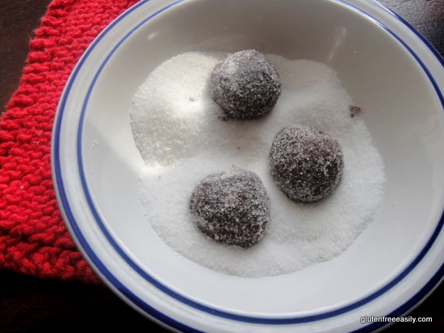 Making gluten-free Flourless Sparkling Chocolate Cookies. They're sort of magical to be honest. [from GlutenFreeEasily.com] (photo)