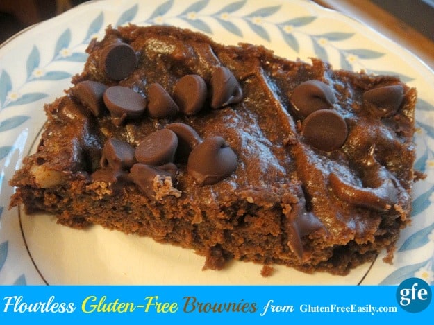 Gluten-free Flourless Brownies are a sure and easy thing for brownie satisfaction. Grain-free satisfaction, in fact. Nut butter (or SunButter--or even peanut butter) works the magic! [from GlutenFreeEasily.com]