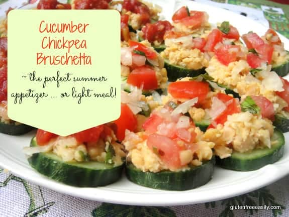 You will be surprised how delicious this Cucumber Chickpea Bruschetta is! Cucumber slices topped with mashed chickpeas, tomatoes, onions, and herbs. Yum! [from GlutenFreeEasily.com]