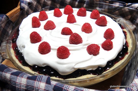 Pretty as a picture! No-Baken Gluten-Free Blueberry Pie with Honey Whipped Cream. This dessert works patriotic holidays and all summer long! [from GlutenFreeEasily.com] 