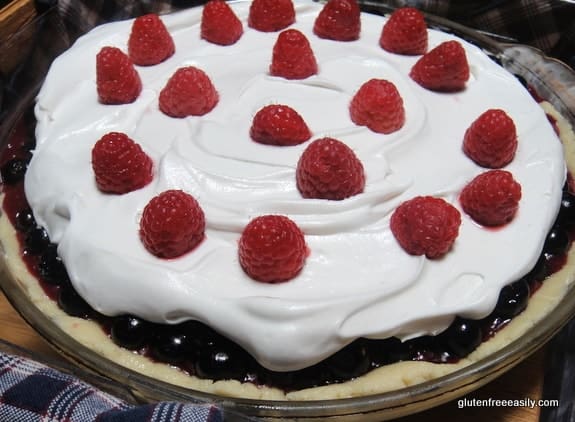 This beautiful red, white, and blue dessert works patriotic holidays and all summer long! No-Bake Gluten-Free Blueberry Pie with Honey Whipped Cream [from GlutenFreeEasily.com] (photo)