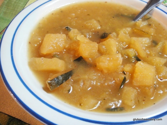 Four ingredients plus some seasonings are all it takes to create this Easy Slow Cooker Potato-Zucchini Soup Recipe! [from GlutenFreeEasily.com] (photo)