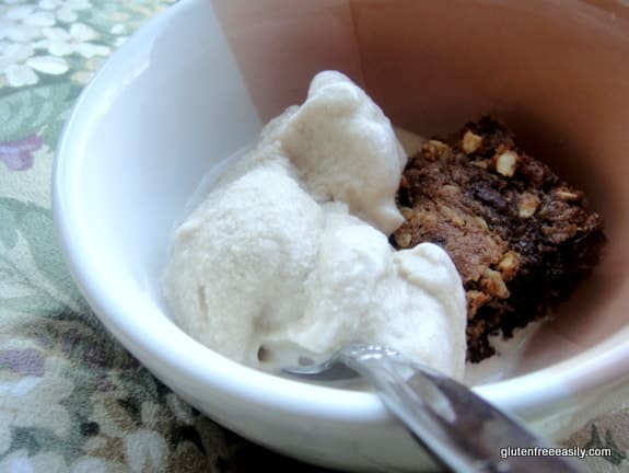 Dairy-Free Coffee Ice Cream. Yes, dairy free and delicious. Served with an Oatmeal Marble Square. Featured on Gluten Free Easily.