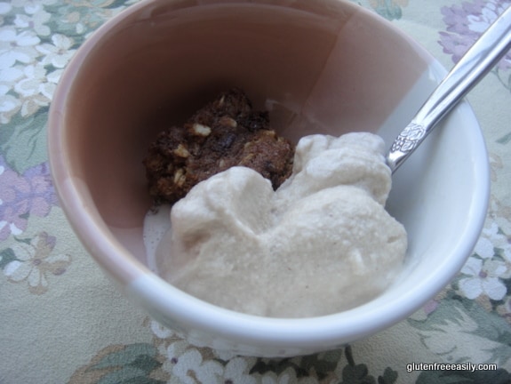 Dairy-Free Coffee Ice Cream. Yes, dairy free and delicious. Served with an Oatmeal Marble Square. Featured on Gluten Free Easily.