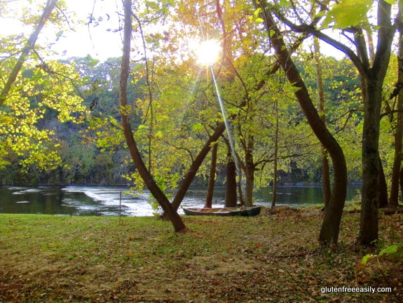 Mountains on Shenandoah River at Halloween. Canoe by the river.