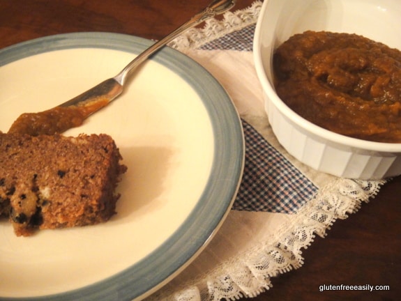 Pumpkin Bread spread with Pumpkin Butter--Pumpkin Palooza! This slow cooker pumpkin butter is naturally gluten free (and 