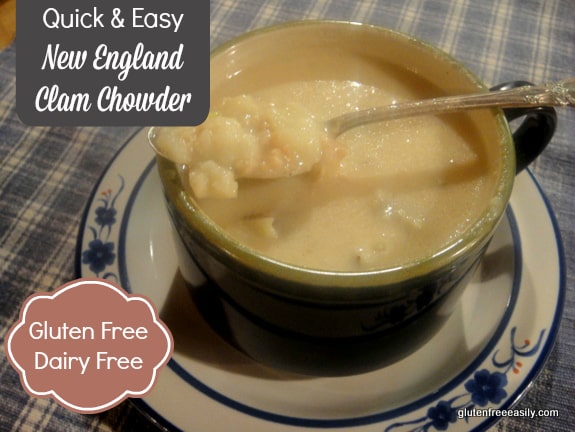 Quick and easy New England Clam Chowder - gluten free and dairy free (if needed)! And absolutely delicious! A well-stocked pantry will help you enjoy this rich chowder in minutes. [found at GlutenFreeEasily.com] (photo)