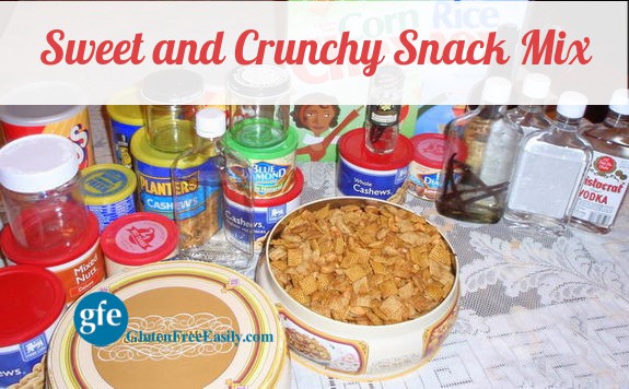 Gluten-Free Sweet and Crunchy Snack Mix. Gluten-Free Rice and Corn Squares cereal plus nuts, gluten-free pretzels, butter, and brown sugar. So yummy!