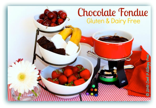 Gluten- free chocolate fondue (with easy dairy-free option) from Cook It Allergy Free featured at gfe--Gluten Free Easily