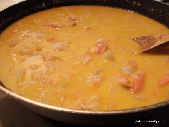 Fabulous Gluten-Free Seafood Chowder. Dairy free, too. Turning the ingredients into the beautiful golden chowder is delightful. You can use tuna for a frugal option but we love this recipe when made with shrimp and fresh (or frozen) fish. [from GlutenFreeEasily.com]