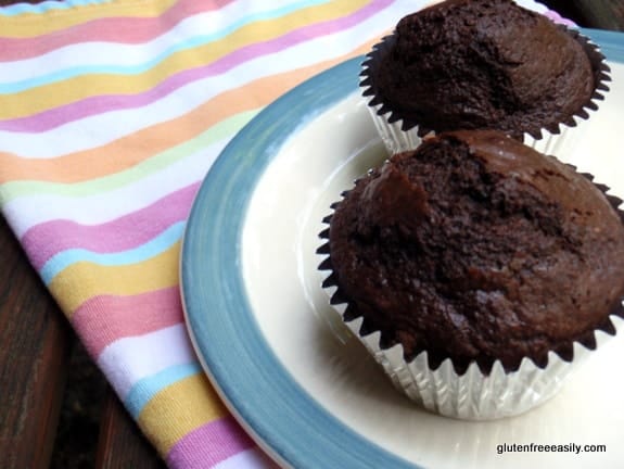 A pair of gluten-free Chocolate Beer Muffins on a white plate with a blue rim on a striped dish towel.