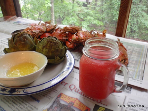 Frozen Watermelon Margarita ... it's the very best frozen margarita that you can get! Served with steamed crabs and/or steamed artichokes for a very special summer meal.  From Gluten Free Easily. (photo)