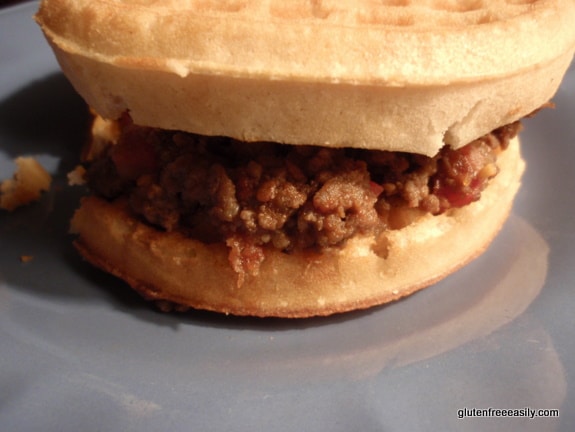 Homemade Sloppy Joe made without a mix and served on a waffle. Gluten free in this case!