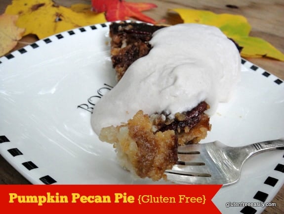 When two classic pies come together! I like making this Pumpkin Pecan Pie with pumpkin or cushaw squash. [from GlutenFreeEasily.com] (photo)