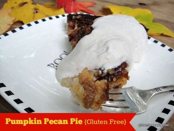 When two classic pies come together! Gluten-Free Pumpkin Pecan Pie. I like making this with pumpkin or cushaw squash. [from GlutenFreeEasily.com] (photo)