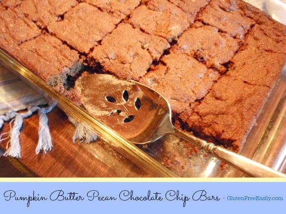 Pumpkin Butter Pecan Chocolate Chip Bars. Honestly, the name alone makes my mouth water! I love ALL those ingredients! These bars have been rated as my best recipe ever by one family member. Give them a try and see what you think. They're gluten free, grain free, dairy free, and paleo and oh so good! [from GlutenFreeEasilly.com] (photo)