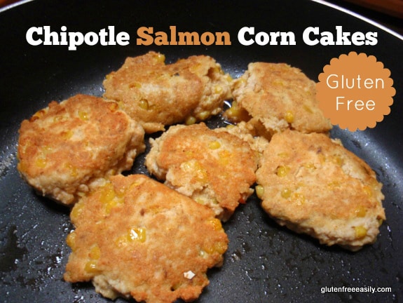 Chipotle Salmon Corn Cakes (naturally gluten free and dairy free). Quick, easy, and delicious! [from GlutenFreeEasily.com] (photo)