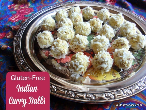 Gluten-Free Indian Chicken Curry Balls. These tasty bites make a wonderful appetizer! I give you a vegan option (using chickpeas), too. [from GlutenFreeEasily.com]