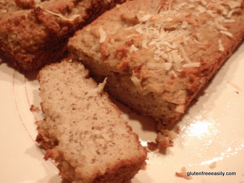 Gluten-Free Banana Coconut Bread. You'd never know it to look at this bread or to sample it, but these are actually grain-free Banana Coconut Mini Loaves. You'll love them! So don't expect a mini loaf to last long! [featured on GlutenFreeEasily.com]