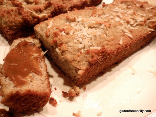 Gluten-Free Banana Coconut Bread. You'd never know it to look at this bread or to sample it, but these are actually grain-free Banana Coconut Mini Loaves. You'll love them! So don't expect a mini loaf to last long! Especially when you add a schmear of pumpkin butter. [featured on GlutenFreeEasily.com]