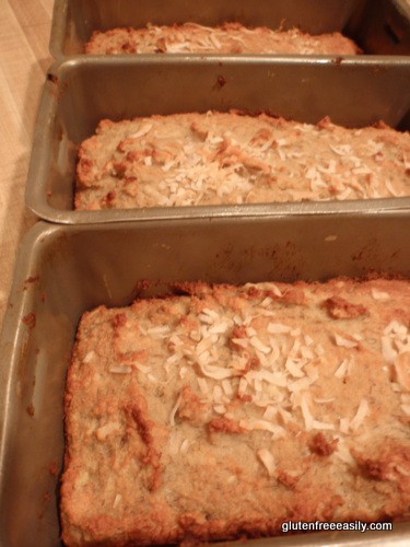 Gluten-Free Banana Coconut Bread. You'd never know it to look at this bread or to sample it, but these are actually grain-free Banana Coconut Mini Loaves. You'll love them! So don't expect a mini loaf to last long! [featured on GlutenFreeEasily.com]