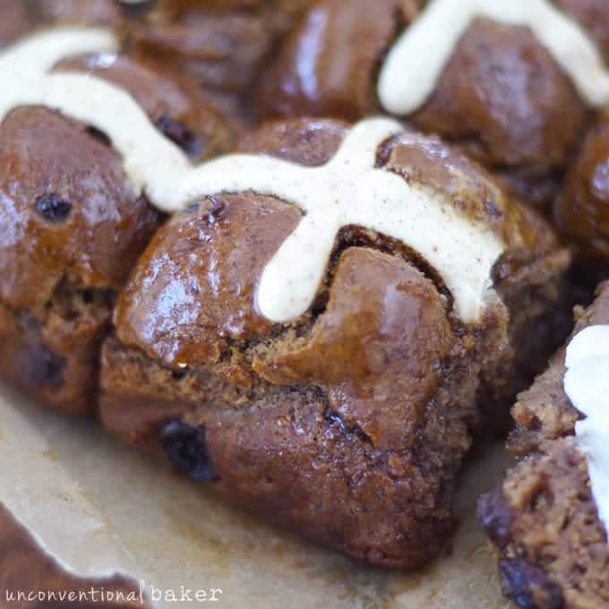 The Unconventional Baker uses plantain to create her Gluten-Free Vegan Hot Cross Buns. They're yeast free, too!