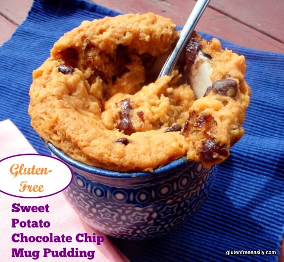 A baked sweet potato takes on a whole new meaning when it's turned into Gluten-Free Sweet Potato Chocolate Chip Mug Pudding! From Gluten Free Easily.