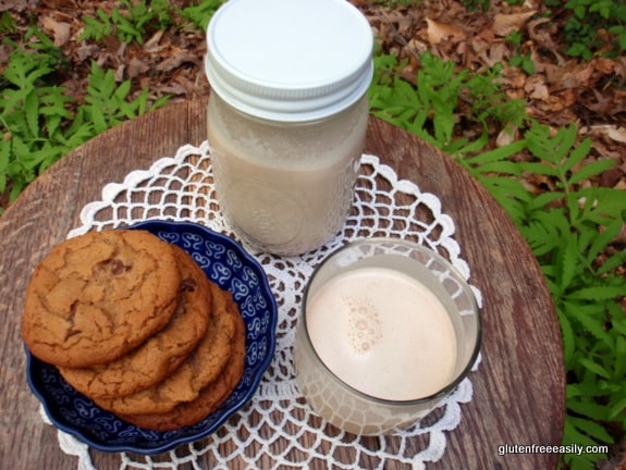 Homemade Almond Milk in Less Than 3 Minutes. For real! (shown with my Flourless Peanut Butter Chocolate Chip Cookies) [on GlutenFreeEasily.com]