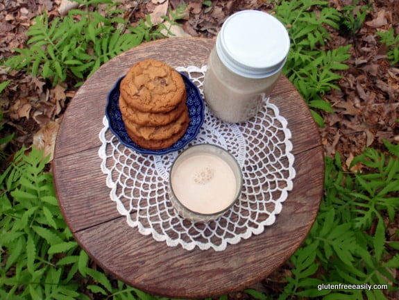 Homemade Almond Milk in Less Than 3 Minutes. For real! (shown with my Flourless Peanut Butter Chocolate Chip Cookies) [on GlutenFreeEasily.com]