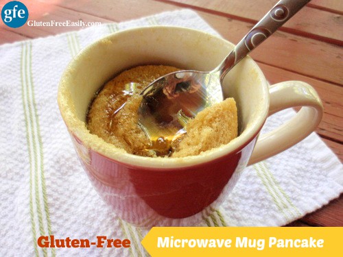 Now you can have a pancake any time you want! With no muss and no fuss! Gluten-Free Microwave Mug Pancake from Gluten Free Easily