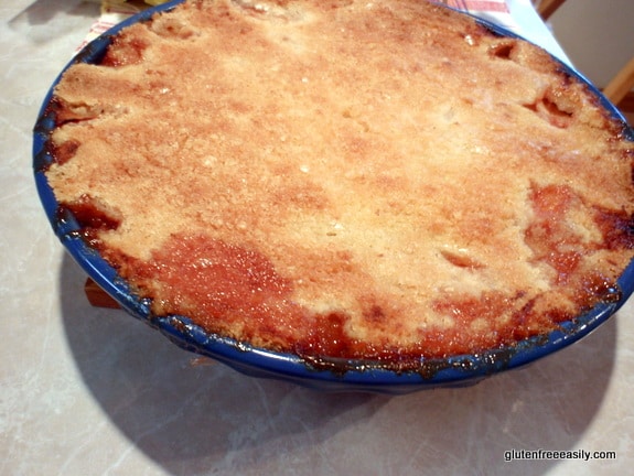 gluten-free peach pie, crustless peach pie, pour over crust, pie with pour over crust, dessert, pie, recipe, Shirley Braden, gluten free easily
