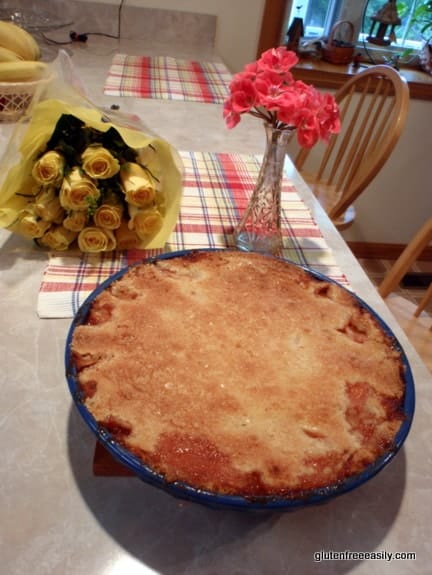 Easy Crustless Peach Pie. Slice your fresh juicy peaches, add a little sugar and cinnamon, mix up a gf batter and pour it over all, bake, and eat!