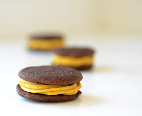 Chocolate Whoopie Pies with Pumpkin Filling from Elana's Kitchen. One of 20 Last Minute Gluten-Free Halloween Treats [featured on GlutenFreeEasily.com] (photo)