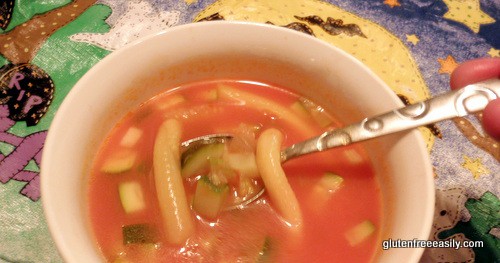Creepy Crawly Worm Soup. A perfect way for all those who spiralize zucchini to use the "worms"! [from GlutenFreeEasily.com]