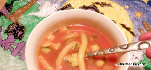 Creepy Crawly Worm Soup. Actually Tomato Zucchini Soup. A perfect way for all those who spiralize zucchini to use the leftover "worms." [from GlutenFreeEasily.com]