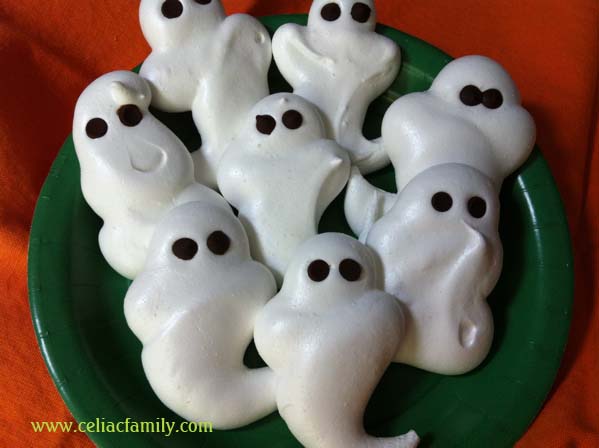 Halloween Ghost Cookies from Celiac Family. One of 20 Last Minute Gluten-Free Halloween Treats [featured on GlutenFreeEasily.com] (photo)