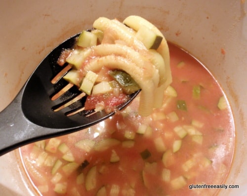 Creepy Crawly Worm Soup. Actually Tomato Zucchini Soup. A perfect way for all those who spiralize zucchini to use the leftover "worms." [from GlutenFreeEasily.com]