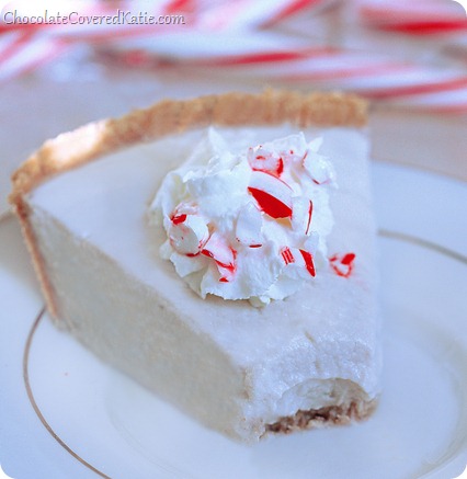 Candy Cane Pudding Pie from Chocolate-Covered Katie. One of the gluten-free candy cane and peppermint dessert recipes featured on GlutenFreeEasily.com.