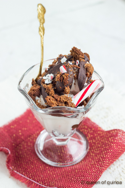 Chocolate Candy Cane Ice Cream Sundae from Simply Quinoa. One of the gluten-free candy cane and peppermint dessert recipes featured on GlutenFreeEasily.com.