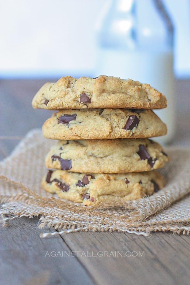 Paleo Chocolate Chip Cookies that taste like the real deal. That is, they don't taste like gluten-free chocolate chip cookies, they don't taste like grain-free chocolate chip cookies, they simply taste like real chocolate chip cookies! [featured on GlutenFreeEasily.com] (photo)