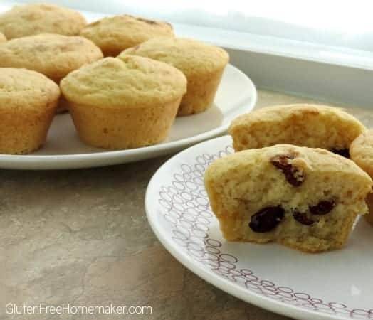 Linda Etherton, formerly Gluten-Free Homemaker, has combined the right flours and starches to create wonderful light and lovely gluten-free Almond Cranberry Muffins.