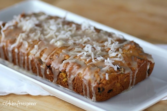 Gluten-Free Pumpkin Sunrise Loaf or Muffins--or both! "This recipe boasts a moist and flavorful cake inside with a combination of tart-sweet cherries, sweet coconut flakes, cinnamon, cloves, allspice and coconut milk, which is then drizzled with an easy maple coconut glaze. Yummy... almost has a Caribbean flair.” [featured on GlutenFreeEasily.com]